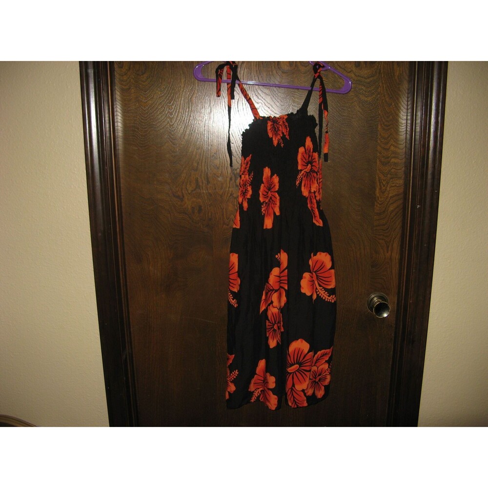 Womens Hawaii Aloha State Black & Orange Hawaiian Halter Dress Floral Hippy  OS